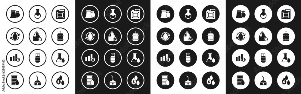 Set Canister for gasoline, Antifreeze canister, Oil drop, and industrial factory building, Propane tank, Test tube flask, petrol test and Pie chart infographic dollar icon. Vector Set Canister for gasoline, Antifreeze canister, Oil drop, and industrial factory building, Propane tank, Test tube flask, petrol test and Pie chart infographic dollar icon. Vector