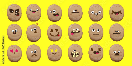vector funny cartoon smiling potato character set isolated on yellow background. Funky Potato collection face with different expressions smiling, sad, angry, funny face. vegetable funky character set
