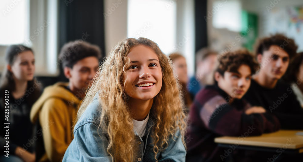 Teenage student female posing smiling in classroom. Generative AI Teenage student female posing smiling in classroom. Generative AI