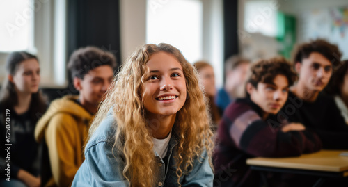 Teenage student female posing smiling in classroom. Generative AI © Farnaces