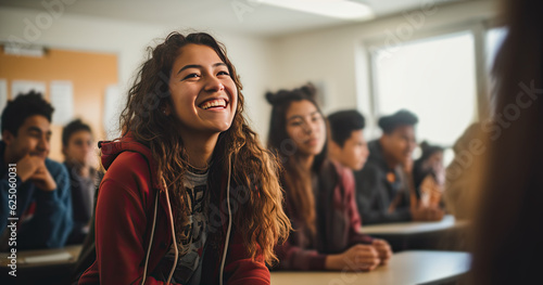 Teenage student female posing smiling in classroom. Generative AI