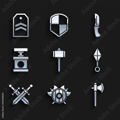 Set Battle hammer, Medieval shield with crossed axes, Japanese ninja shuriken, Crossed medieval sword, Handle detonator for dynamite, Military knife and Chevron icon. Vector