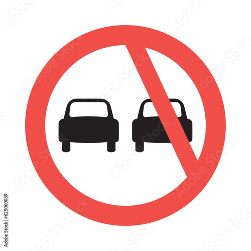 No overtaking traffic sign vector. Traffic and road warning sign. Two cars next to each other and forbidden to go. Vector.