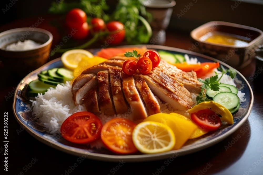 Lemon Chicken delicately sliced and paired with fluffy rice and vibrant vegetables, captured in a homely kitchen setting Lemon Chicken delicately sliced and paired with fluffy rice and vibrant vegetables, captured in a homely kitchen setting