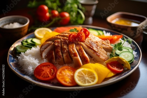 Lemon Chicken delicately sliced and paired with fluffy rice and vibrant vegetables, captured in a homely kitchen setting © bartjan