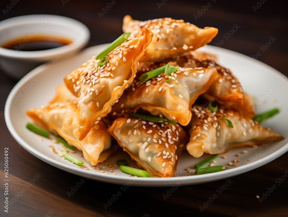 Fried Wontons stacked high, garnished with fresh green onions and sesame seeds on a white ceramic plate with dipping sauce on the side Fried Wontons stacked high, garnished with fresh green onions and sesame seeds on a white ceramic plate with dipping sauce on the side