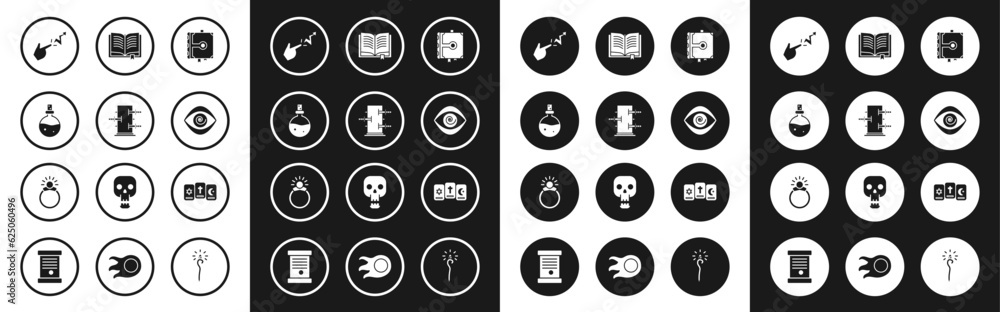Set Ancient magic book, Trunk for tricks, Bottle with love potion, Spell, Hypnosis, Three tarot cards and Magic stone ring gem icon. Vector Set Ancient magic book, Trunk for tricks, Bottle with love potion, Spell, Hypnosis, Three tarot cards and Magic stone ring gem icon. Vector