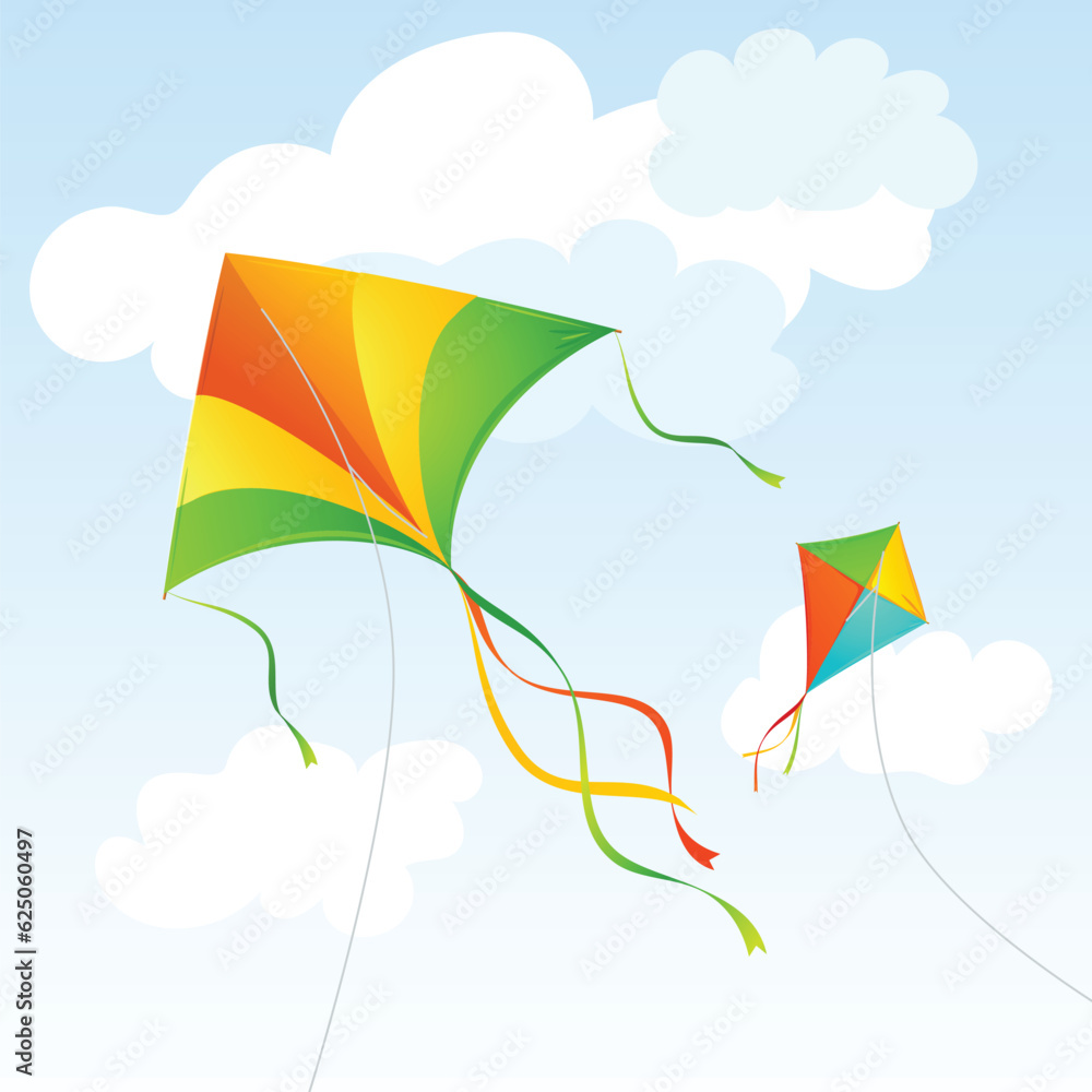 Realistic Detailed 3d Fly Kite and Clouds on a Blue Sky Summer Concept Background. Vector illustration
