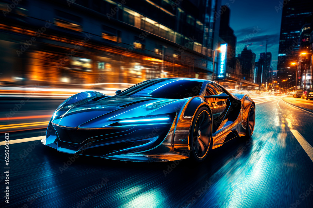 High speed sports car driving in the city with neon light motion effect applied. AI generated.
