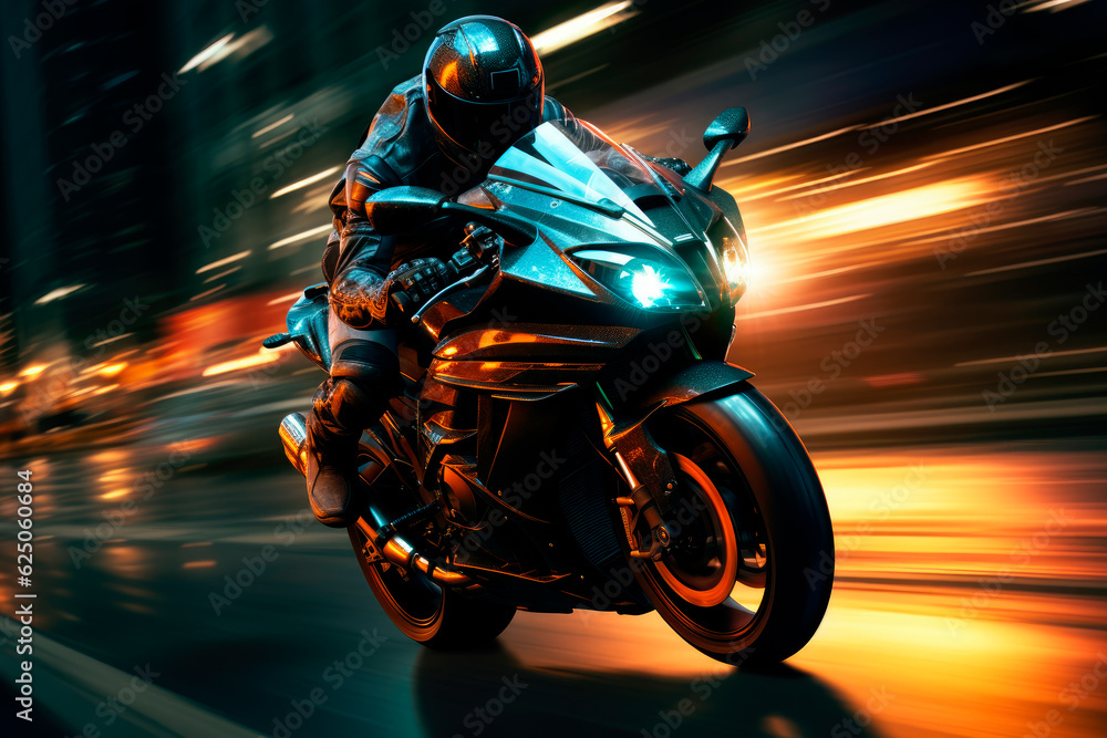 Motorcycle rider in helmet and gear racing at high speed. AI generated.