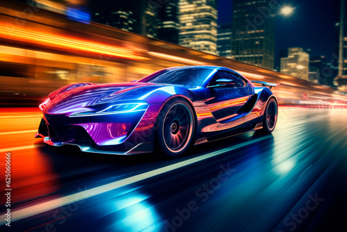 Futuristic sports car in motion on the night street.AI generated. © graja