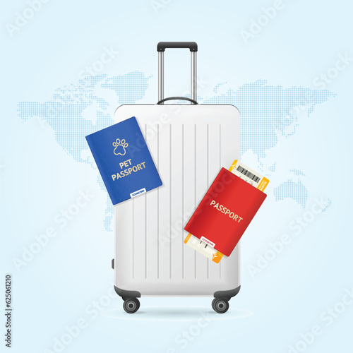Realistic Detailed 3d Travel Case with Pet Passport and Ticket Set. Vector illustration of Tourism Concept