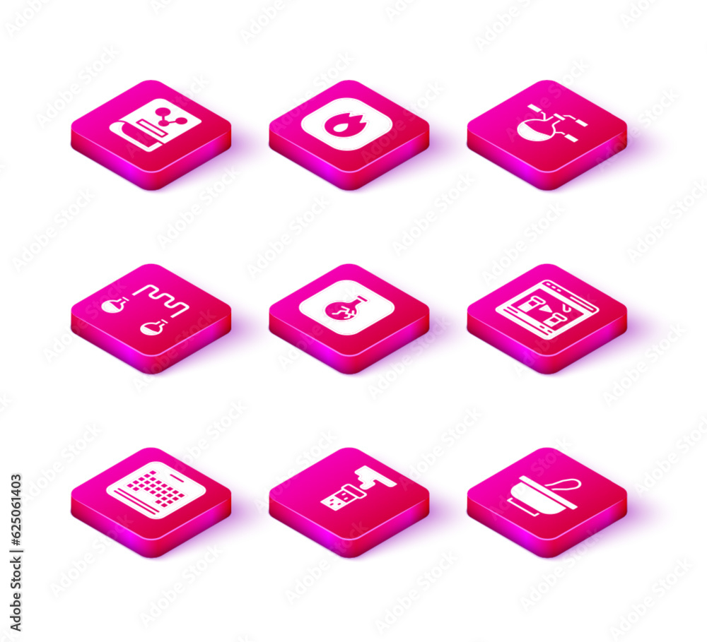 Set Periodic table, Test tube and flask, Cracked, Mortar pestle, Chemical online, and Fire flame icon. Vector Set Periodic table, Test tube and flask, Cracked, Mortar pestle, Chemical online, and Fire flame icon. Vector