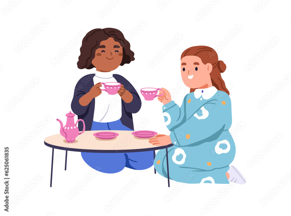 Cute girls drinking tea at table. Little kindergarten kids playing with toy cups, tableware. Preschool children game and communication. Flat graphic vector illustration isolated on white background Cute girls drinking tea at table. Little kindergarten kids playing with toy cups, tableware. Preschool children game and communication. Flat graphic vector illustration isolated on white background