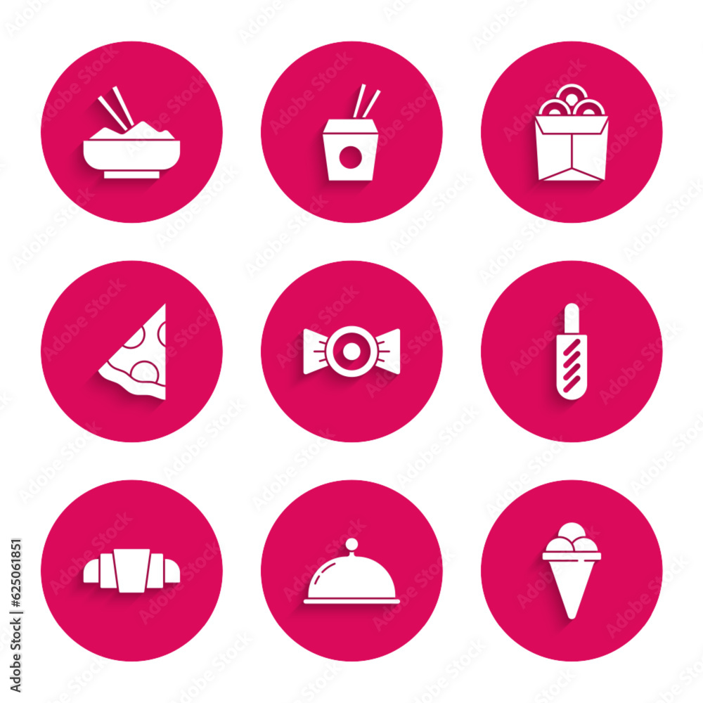 Set Candy, Covered with tray, Ice cream in waffle cone, Hotdog sandwich, Croissant, Slice of pizza, Noodles box and Rice bowl chopstick icon. Vector Set Candy, Covered with tray, Ice cream in waffle cone, Hotdog sandwich, Croissant, Slice of pizza, Noodles box and Rice bowl chopstick icon. Vector