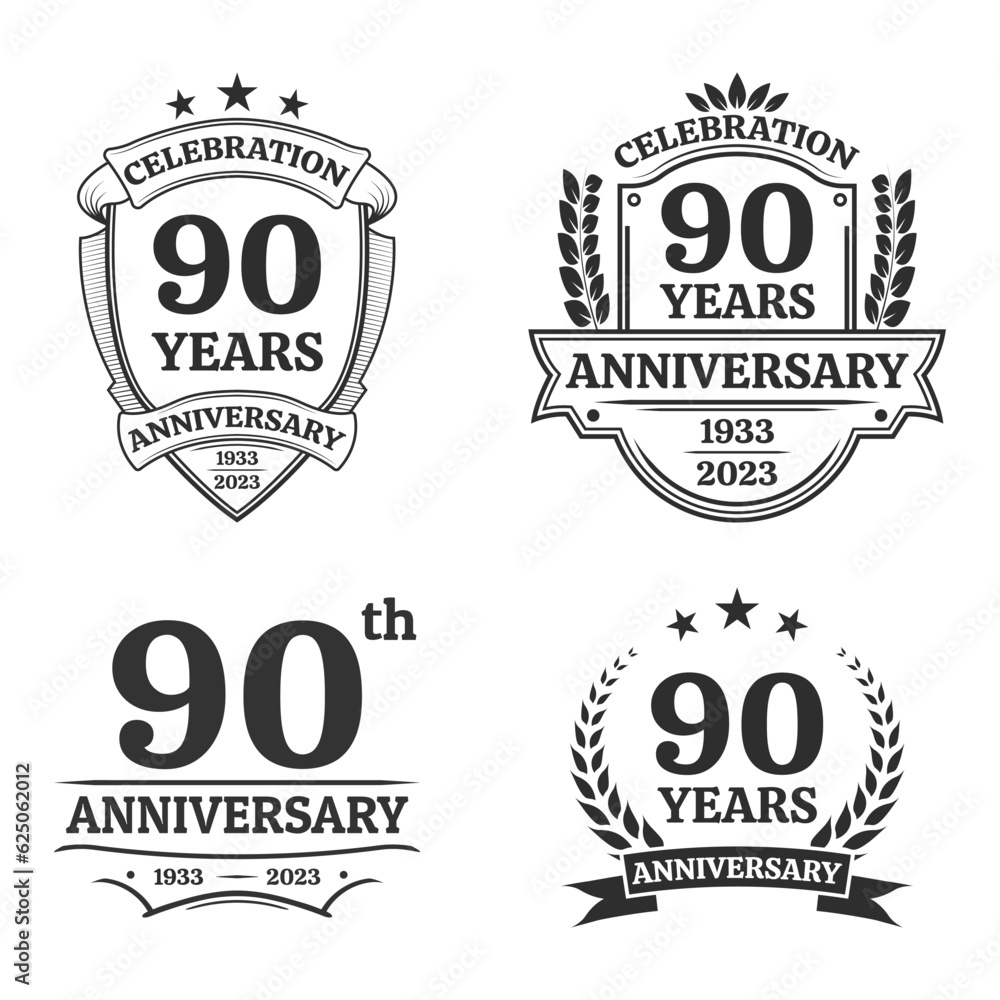 90 years anniversary icon or logo set. Vintage birthday banner design. 90th anniversary jubilee celebration badge or label collection. Vector illustration.