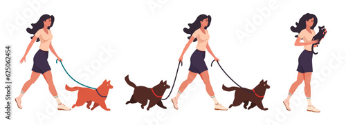A girl walks with a dog, two dogs and a cat in her arms. Set of flat vector graphic character illustrations.