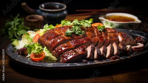 Cantonese Roast Duck, perfectly cooked with a slice strategically cut off revealing the juicy meat inside