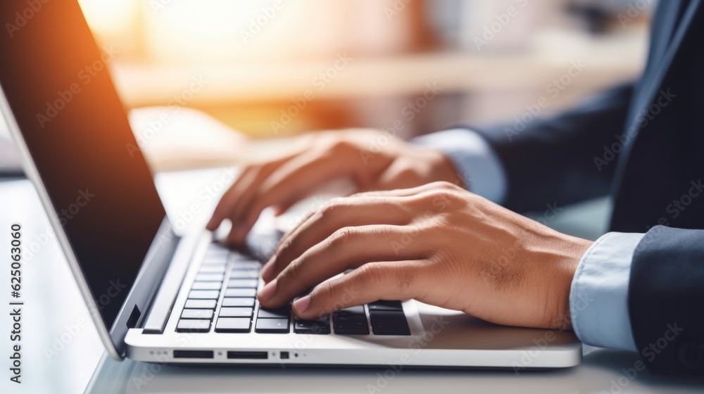 Man hands typing on computer keyboard closeup panoramic banner. AI generative. Man hands typing on computer keyboard closeup panoramic banner. AI generative.