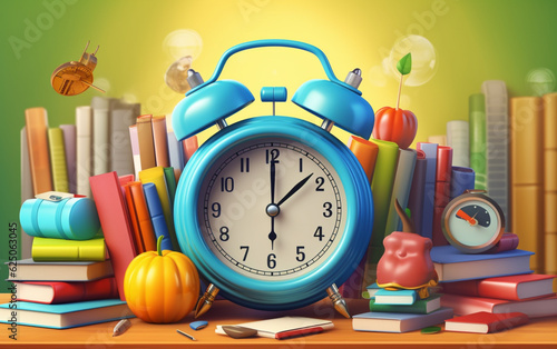 Back to school vector banner design with school items education elements alarm clock