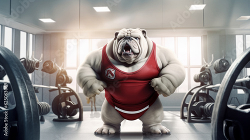 An English bulldog pumps muscles in an ultra-modern gym
