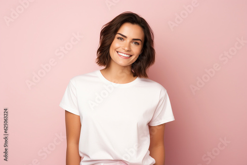 Young smiling caucasian woman wearing blank white t-shirt isolated on a pink background. AI 