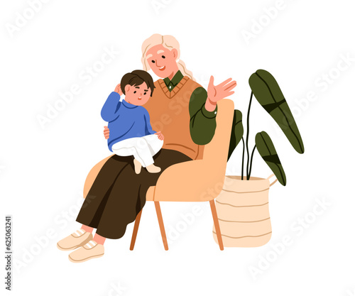 Mother talking to kid. Mom and toddler communication. Parent-child relationship, education concept. Woman speaking, explaining to little son. Flat vector illustration isolated on white background