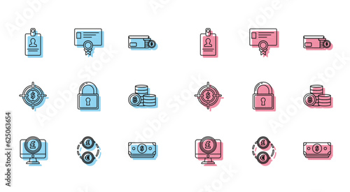 Set line Computer monitor with pound sterling symbol, Identification badge, Stacks paper money cash, Lock, Cryptocurrency coin Bitcoin, Target dollar and Certificate template icon. Vector