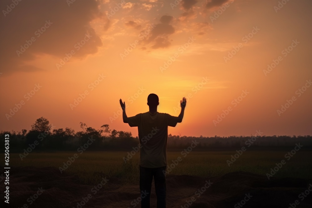 Man arms sunset. Generate Ai