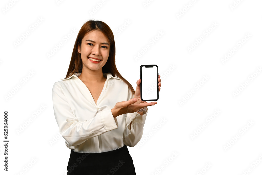 Attractive young woman showing mobile phone in hand with empty screen for your advertising text message Attractive young woman showing mobile phone in hand with empty screen for your advertising text message