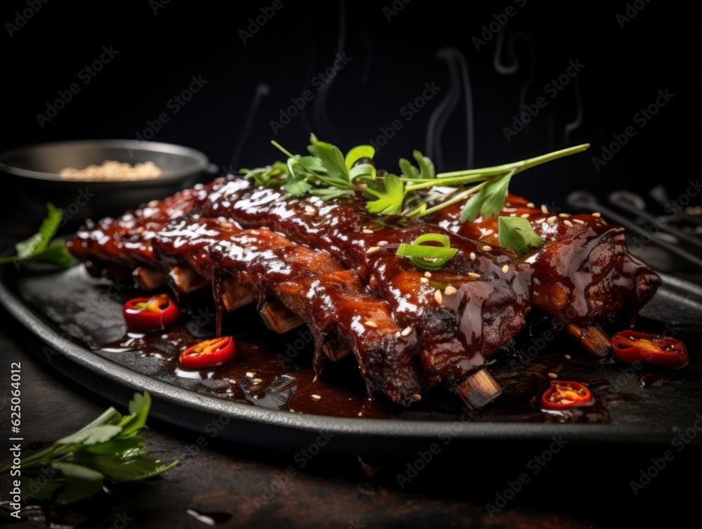 Steamed Spare Ribs with Black Bean Sauce, close-up to emphasize the rich, sticky sauce and garnish of spring onions