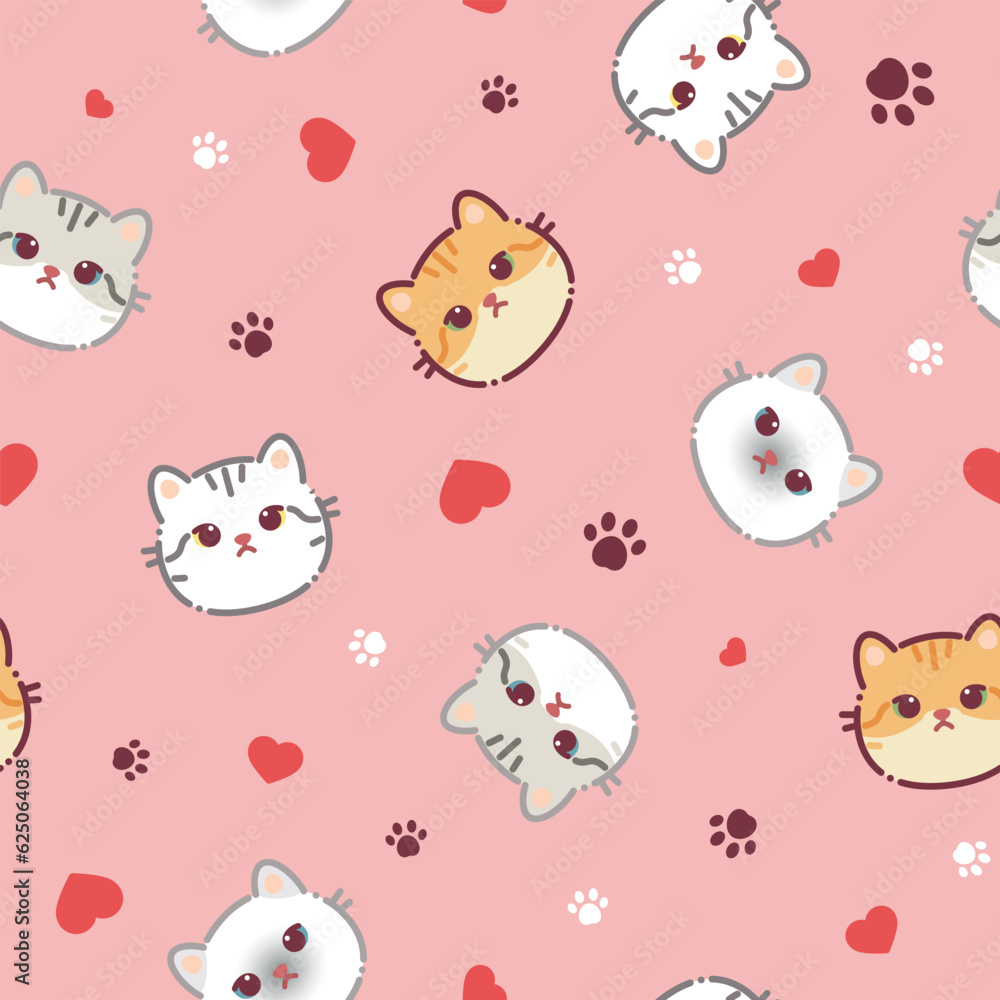 Seamless pattern of a cute different cats, hearts and animal's paws. Vector illustration on a pink background. Cartoon style flat design. Concept for children print Seamless pattern of a cute different cats, hearts and animal's paws. Vector illustration on a pink background. Cartoon style flat design. Concept for children print