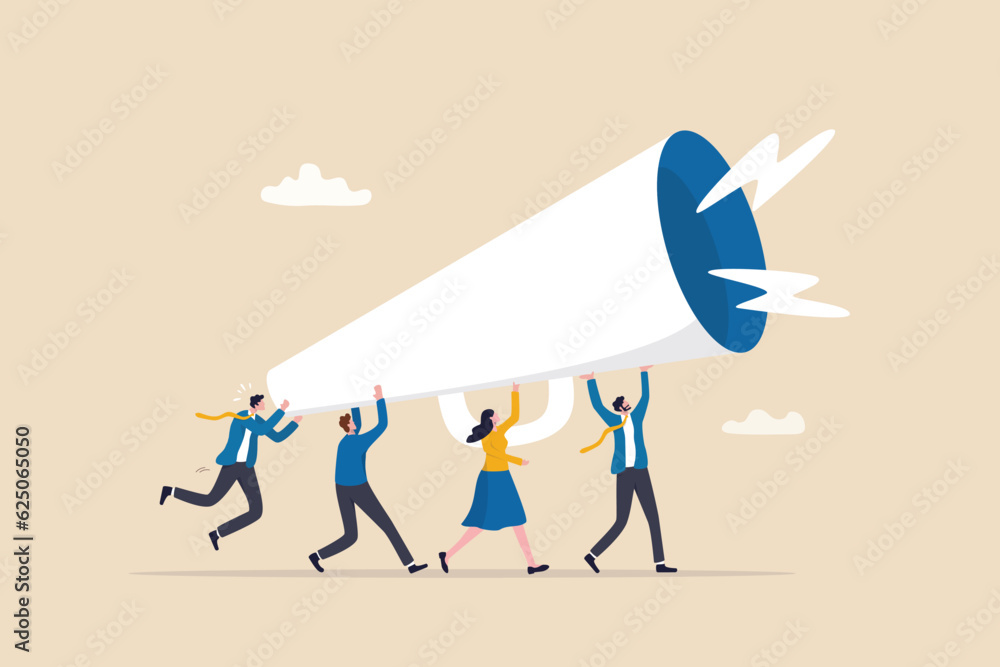 Marketing communication, announce promotion or communicate with employees, community or organization speech, loud voice or announcement concept, business people PR public relation shout on megaphone. - obrazy, fototapety, plakaty 