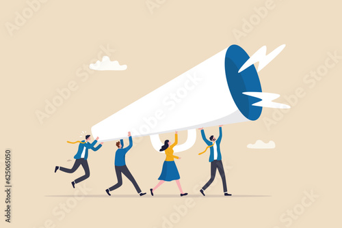 Tela Marketing communication, announce promotion or communicate with employees, community or organization speech, loud voice or announcement concept, business people PR public relation shout on megaphone