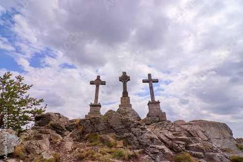 Three massive crosses at the top of the hill near Prameny  Czech republic