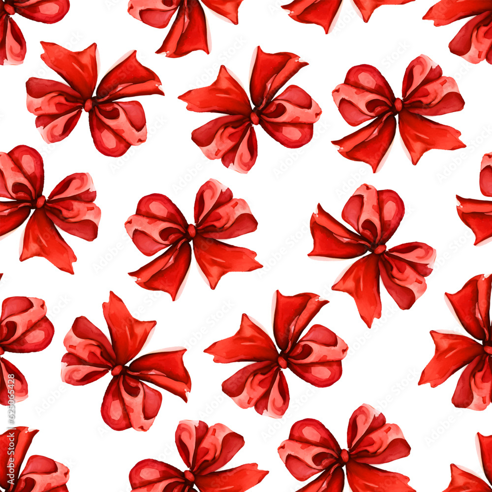 Seamless pattern with red bow on white background. Watercolor backdrop for holiday decorating greeting cards.