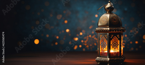 The Muslim feast of the holy month of Ramadan Kareem. Beautiful background with a shining lantern Fanus. Free space for your text