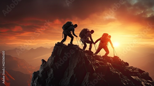 Silhouette of Businessman Climbing Mountain and Helping at Sunset Help and assistance concept. Work as a team. Conquer the goal. Vector illustration.