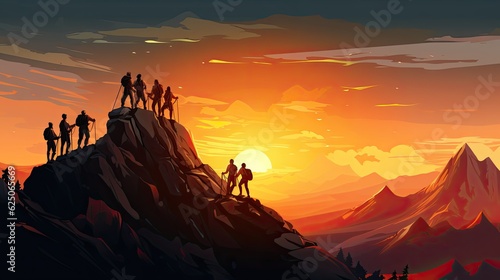 Silhouette of Businessman Climbing Mountain and Helping at Sunset Help and assistance concept. Work as a team. Conquer the goal. Vector illustration. © sirisakboakaew