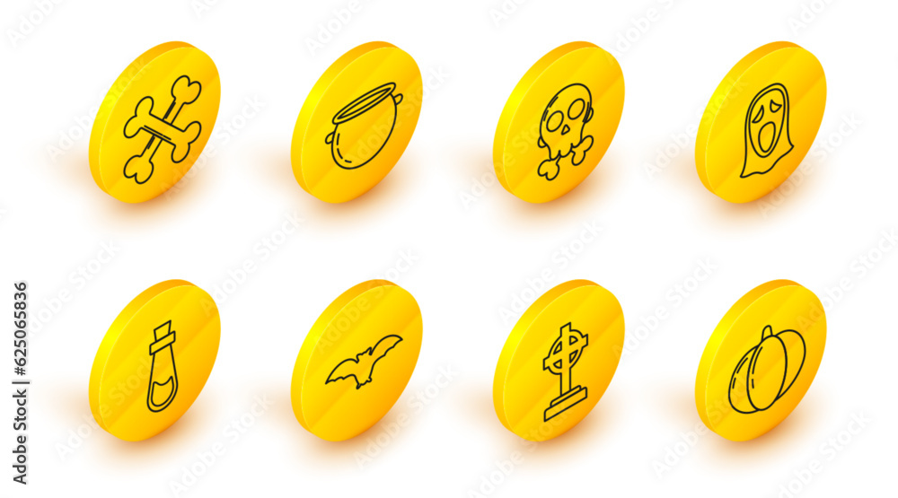 Set line Pumpkin, Tombstone with cross, Flying bat, Bottle potion, Funny and scary ghost mask for Halloween, Skull crossbones, witch cauldron and Crossed icon. Vector Set line Pumpkin, Tombstone with cross, Flying bat, Bottle potion, Funny and scary ghost mask for Halloween, Skull crossbones, witch cauldron and Crossed icon. Vector