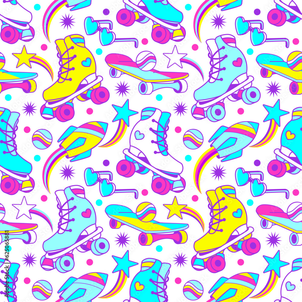 Retro Groovy teen seamless pattern with roller skate. Fun colorful print. Crazy fun 60s-70s skates aesthetic tile fabric, wrapping paper or background. Nostalgia roller skating vibe. Retro Groovy teen seamless pattern with roller skate. Fun colorful print. Crazy fun 60s-70s skates aesthetic tile fabric, wrapping paper or background. Nostalgia roller skating vibe.