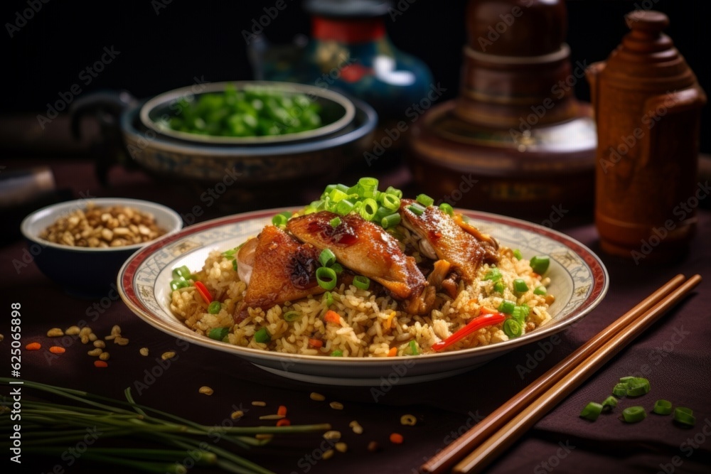 Cantonese Salted Fish and Chicken Fried Rice, served in a traditional Chinese bowl with some soy sauce and spring onions on the side Cantonese Salted Fish and Chicken Fried Rice, served in a traditional Chinese bowl with some soy sauce and spring onions on the side