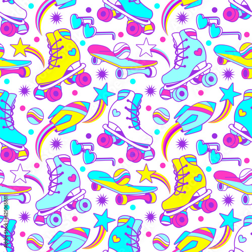 Retro Groovy teen seamless pattern with roller skate. Fun colorful print. Crazy fun 60s-70s skates aesthetic tile fabric, wrapping paper or background. Nostalgia roller skating vibe.