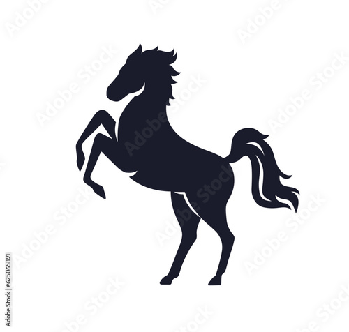 Horse silhouette. Stallion in rearing pose, shadow symbol. Mustang with mane, tail, standing up, side view, black icon for oriental horoscope. Flat vector illustration isolated on white background