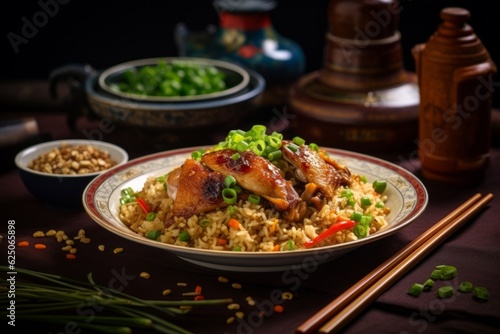 Cantonese Salted Fish and Chicken Fried Rice, served in a traditional Chinese bowl with some soy sauce and spring onions on the side