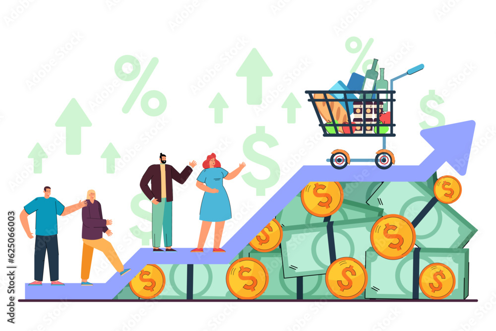Upset customers and arrow of rising food prices. Shopping cart with products on top, sad buyers complaining about cost, pile banknotes vector illustration. Inflation, finances, economy concept Upset customers and arrow of rising food prices. Shopping cart with products on top, sad buyers complaining about cost, pile banknotes vector illustration. Inflation, finances, economy concept