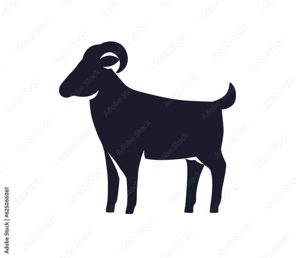 Goat profile silhouette. Animal shadow, black shape, side view. Chinese zodiac symbol, oriental eastern lunar horoscope icon, logo, stencil. Flat vector illustration isolated on white background