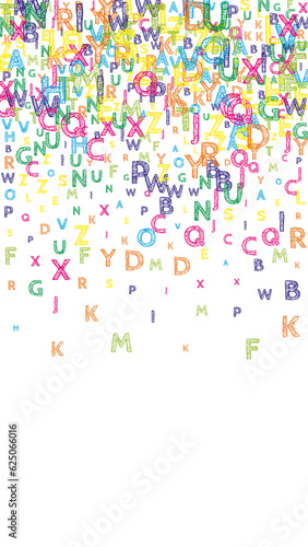 Letter confetti of Latin alphabet. Back to school background. Colorful sketch flying english words Exceptional back to school banner.