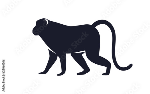 Monkey silhouette, black shape. Ape shadow profile. Primate walking. African jungle animal, chinese zodiac symbol, side view. Flat graphic vector illustration isolated on white background