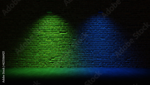 Brick Wall Background, Rough Concrete With Glowing Green and Blue Lights